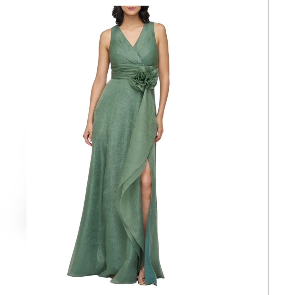 JS Collections Della Rosette Detail Sleeveless Organza Gown In Dark Green.Size 6